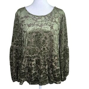 EST 1946 Blouse Womens Large Green Floral Velvet Burnout Peplum Boho Long Sleeve